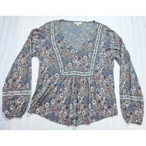 Lucky Brand Women Grey Floral V-Neck Balloon Sleeve Peasant Blouse Top Medium